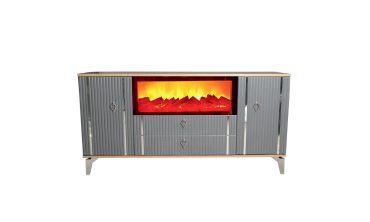 Emir Şömineli Konsol - Antrasit Gri Gövdeli, Ceviz Detaylı, Elektrikli Şömineli ve Krom Şeritli Modern Lüks Konsol & TV Ünitesi