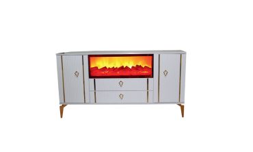 Sıla Şömineli Konsol - Beyaz Lake Kaplamalı, Gold Detaylı, Elektrikli Şömineli ve Dikey Çizgi Tasarımlı Modern Lüks Konsol