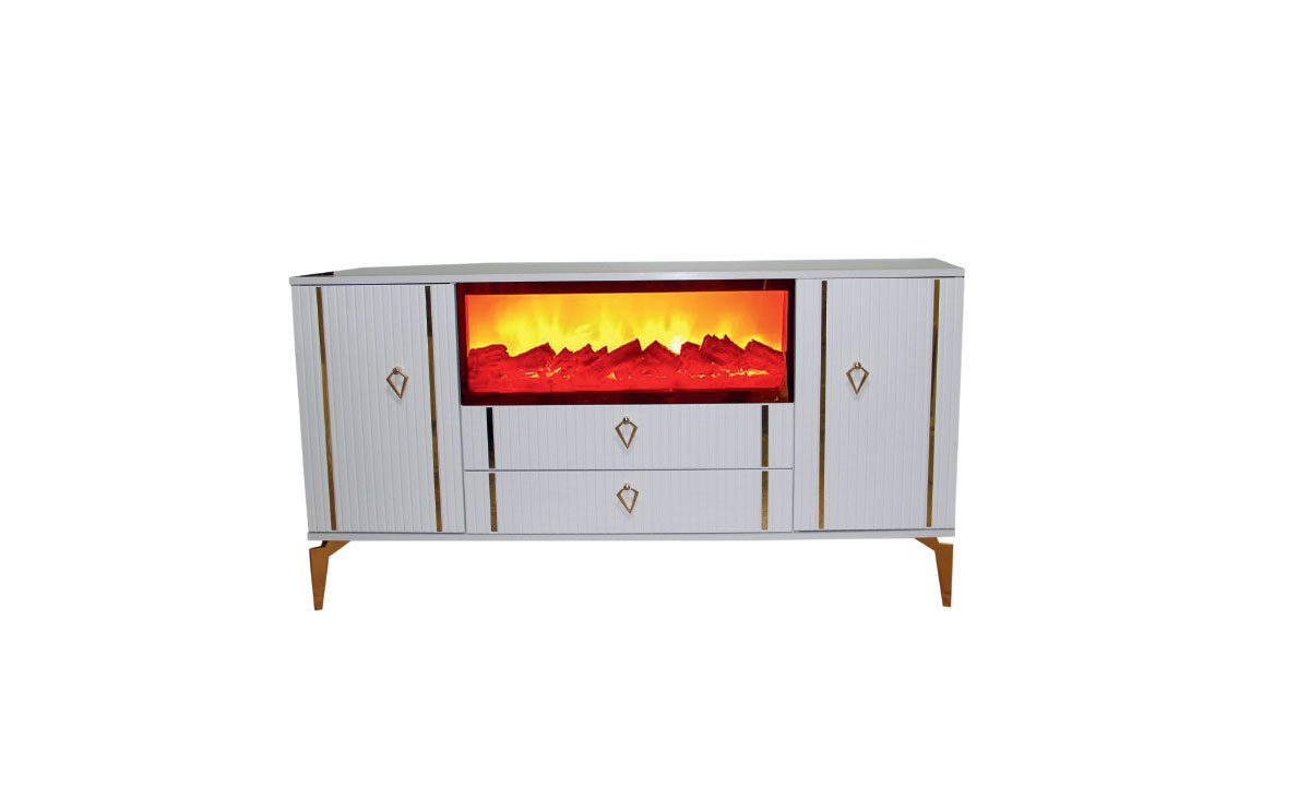 sarioglu-sila-konsol-somineli-beyaz-gold Sıla Şömineli Konsol - Beyaz Lake Kaplamalı, Gold Detaylı, Elektrikli Şömineli ve Dikey Çizgi Tasarımlı Modern Lüks Konsol - Görsel 1