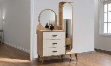 Sena İskandinav Şifonyer | Boy ve Yuvarlak Aynalı 3 Çekmeceli Ceviz Detaylı Modern Komodin