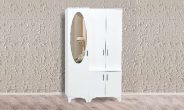 Sihirli Portmanto - Oval Aynalı, 4 Kapaklı, Modern Beyaz Giriş Holü Dolabı