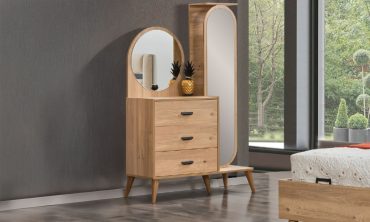 Turna Naturel Ahşap Şifonyer | Yuvarlak ve Boy Aynalı 3 Çekmeceli Modern Komodin ve Makyaj Ünitesi