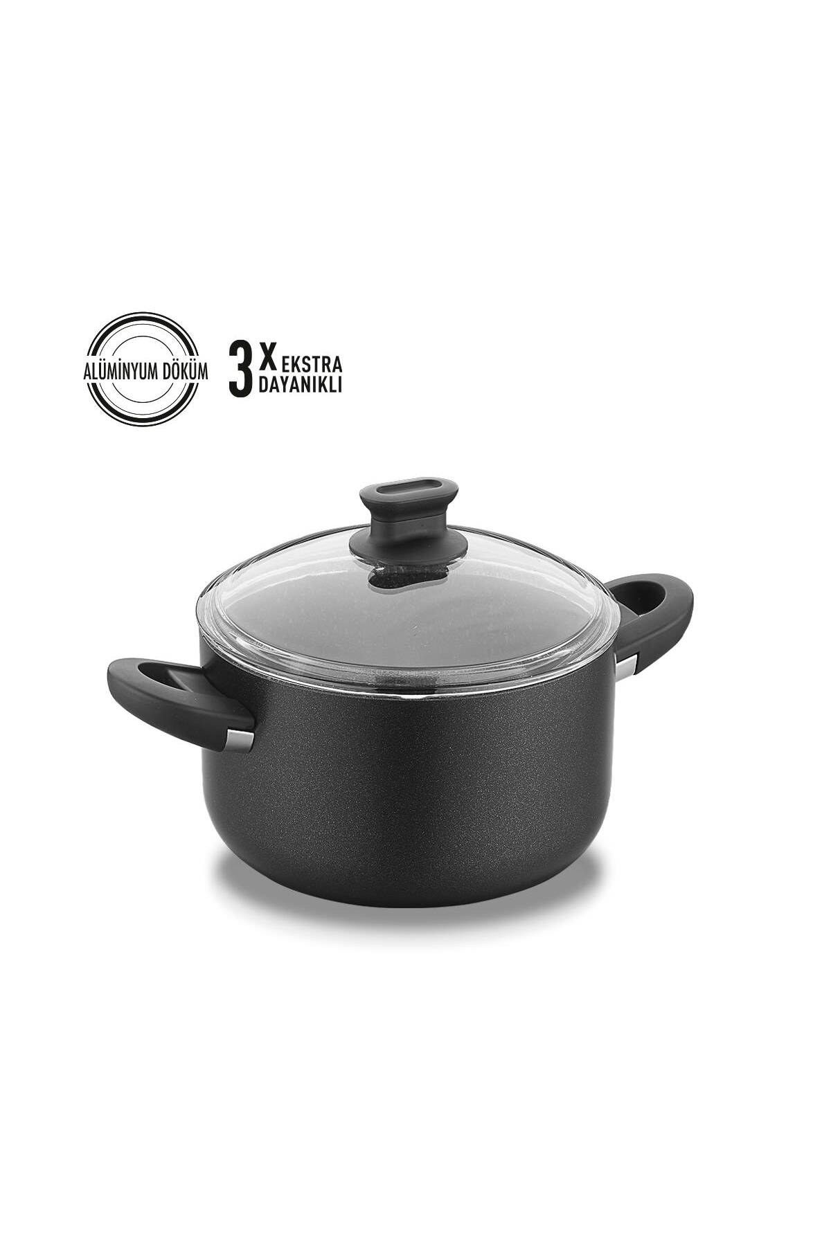 1234567171784 Korkmaz A2872 Lina Derin Tencere - 22x11 cm, Siyah Alüminyum Döküm, Yapışmaz Yüzeyli ve Cam Kapaklı Modern Pişirme Tenceresi - Görsel 1
