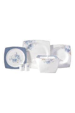 Korkmaz A8455 Bone Selection 60 Parça Yemek Takımı - 12 Kişilik, Kare Formlu, Fine Bone Porselen, Mavi Çiçekli ve Altın Işıltılı Lüks Davet Seti