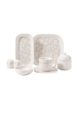 Korkmaz A8622 Kappa Collection 28 Parça Kahvaltı Takımı - 6 Kişilik, Fine Bone China Porselen, Gri Dal Desenli ve Kare Formlu Modern Sofra Seti
