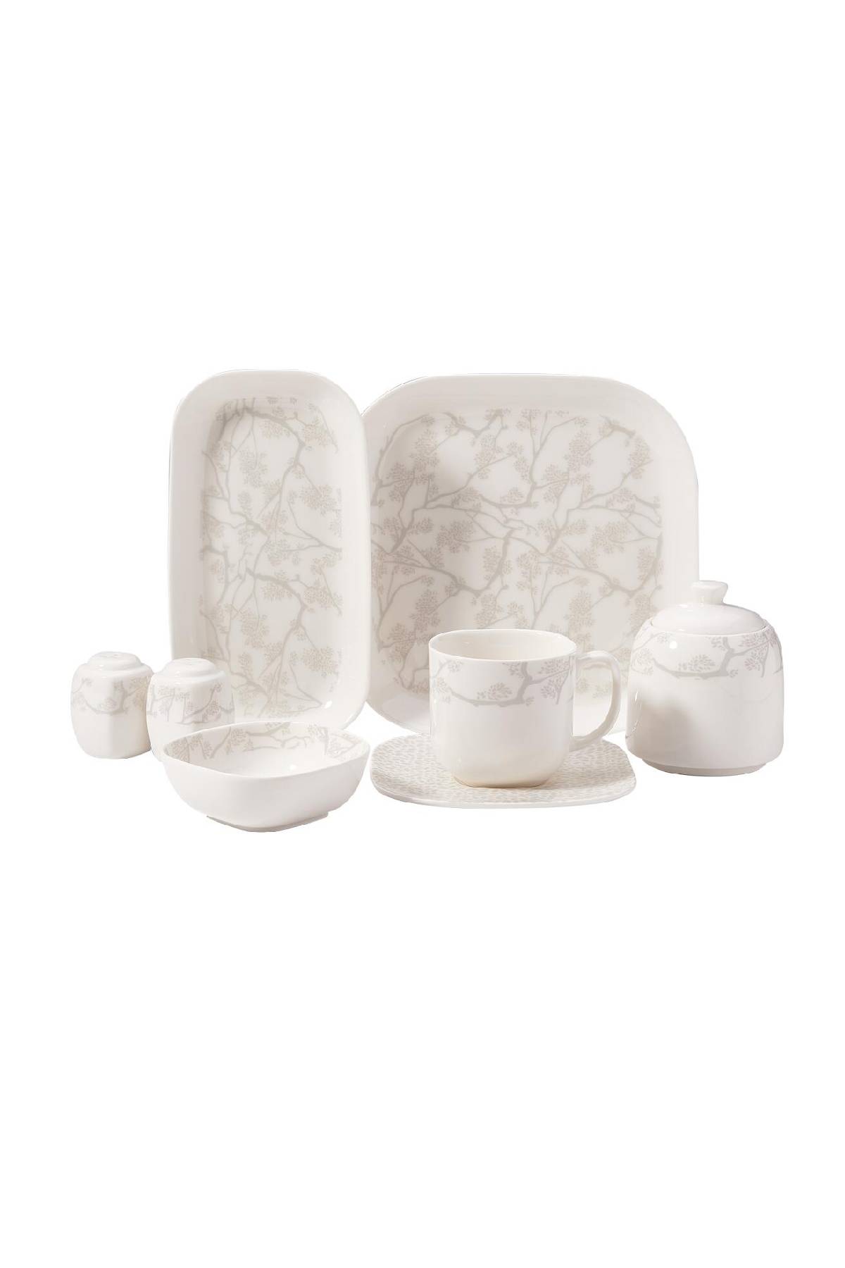 1234567367804 Korkmaz A8622 Kappa Collection 28 Parça Kahvaltı Takımı - 6 Kişilik, Fine Bone China Porselen, Gri Dal Desenli ve Kare Formlu Modern Sofra Seti - Görsel 1