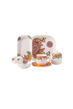 Korkmaz A8624 Kappa Collection 28 Parça Kahvaltı Takımı - 6 Kişilik, Kare Formlu, Canlı Şal Desenli ve Renkli Porselen Şık Sunum Seti