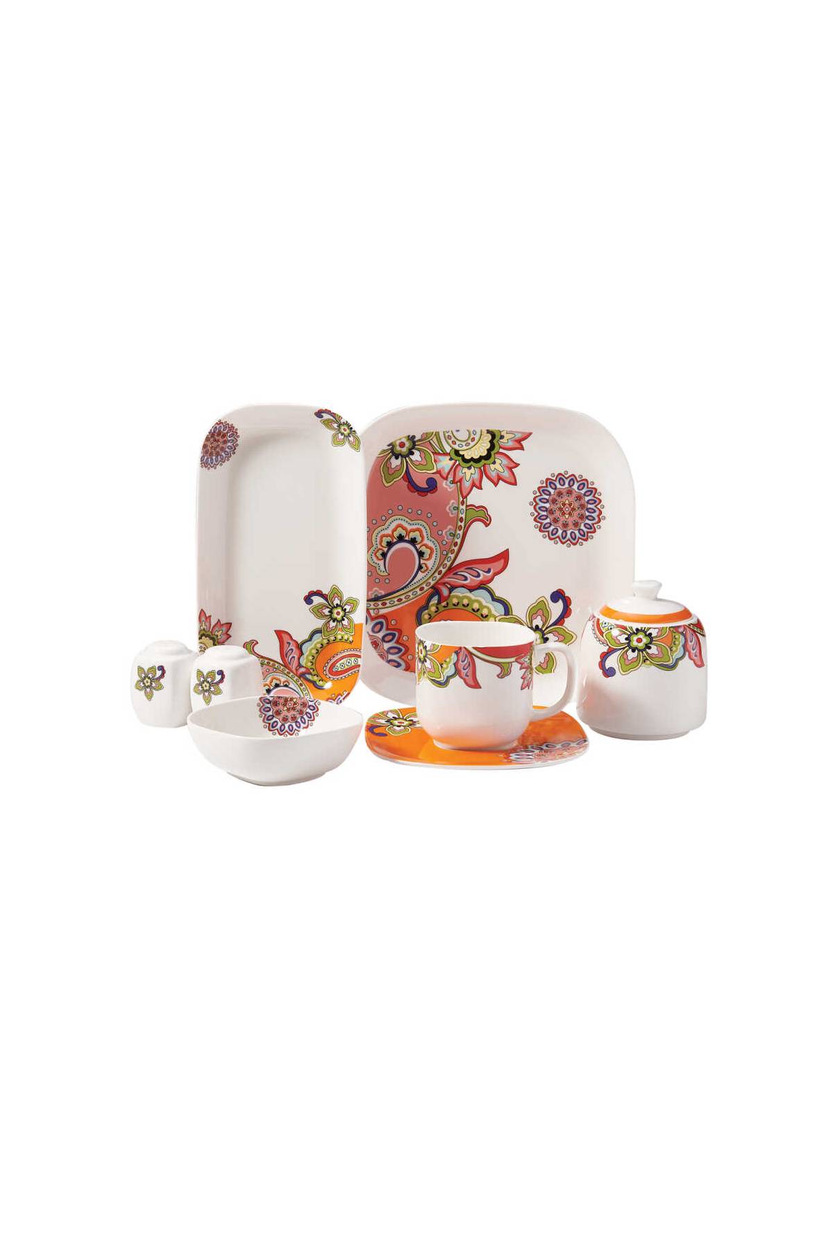1234567396866 Korkmaz A8624 Kappa Collection 28 Parça Kahvaltı Takımı - 6 Kişilik, Kare Formlu, Canlı Şal Desenli ve Renkli Porselen Şık Sunum Seti - Görsel 1