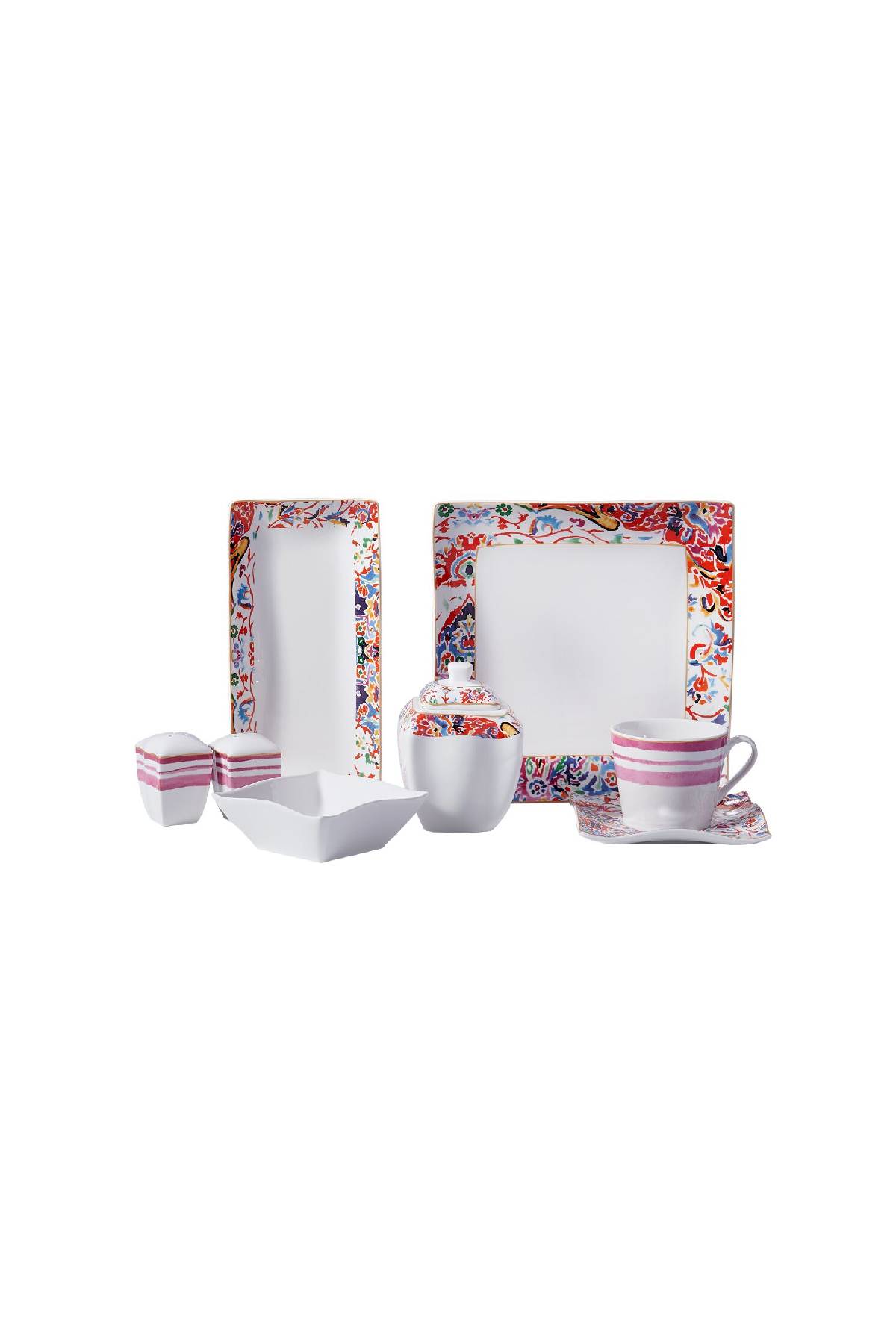 1234567479996 Korkmaz A8568 Link Collection Kahvaltı Takımı - 6 Kişilik, Kare Formlu Porselen, Etnik Desenli ve Çok Renkli Modern Sunum Seti - Görsel 1