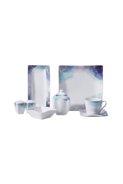 Korkmaz A8569 Link Collection Kahvaltı Takımı - 6 Kişilik, Kare Formlu Porselen, Mavi Suluboya Desenli ve Gold Detaylı Şık Sunum Seti