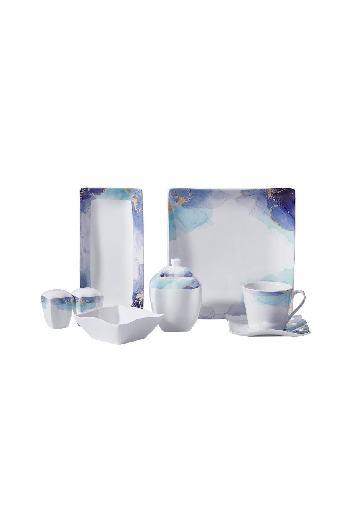 1234567480015 Korkmaz A8569 Link Collection Kahvaltı Takımı - 6 Kişilik, Kare Formlu Porselen, Mavi Suluboya Desenli ve Gold Detaylı Şık Sunum Seti - Görsel 1