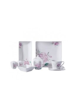 Korkmaz A8675 Link Collection 28 Parça Kahvaltı Takımı - 6 Kişilik, Kare Formlu, Pembe Ortanca Çiçekli ve Kelebek Desenli Modern Porselen Sunum Seti