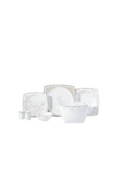 Korkmaz A8461 Bone Selection 60 Parça Yemek Takımı - 12 Kişilik, Kare Formlu, Fine Bone Porselen, Gümüş Dal Desenli Lüks Davet Seti