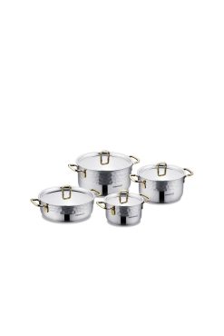 Korkmaz A1963-2 Erna 8 Parça Tencere Seti - Gold, 18/10 Paslanmaz Çelik, Dövme Görünümlü Gövde, İndüksiyon Uyumlu ve Isıya Dayanıklı Altın Detaylı Modern Pişirme Seti