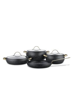 Korkmaz A2610 Berilla 7 Parça Tencere Seti - Yapışmaz Granit Kaplama, Isıya Dayanıklı Cam Kapaklı ve Altın Renkli Saplı Modern Pişirme Seti