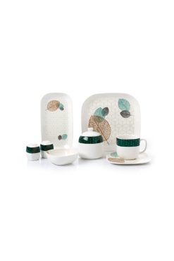 Korkmaz A8629 Kappa Collection 28 Parça Kahvaltı Takımı - 6 Kişilik, Kare Formlu, Yeşil Yaprak Desenli ve Modern Geometrik Detaylı Porselen Set