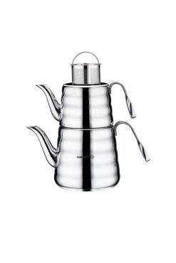 Korkmaz A223-01 Petra Çaydanlık Takımı - 18/10 Paslanmaz Çelik, Kendinden Süzgeçli Demlik, İndüksiyon Uyumlu ve Modern Dalgalı Tasarımlı Orta Boy Çaydanlık