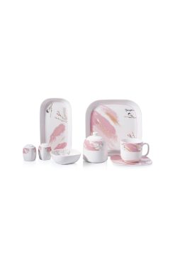 Korkmaz A8580 Kappa Collection 28 Parça Kahvaltı Takımı - 6 Kişilik, Kare Formlu Porselen, Pembe Fırça Darbesi ve Kuş Desenli Şık Sunum Seti