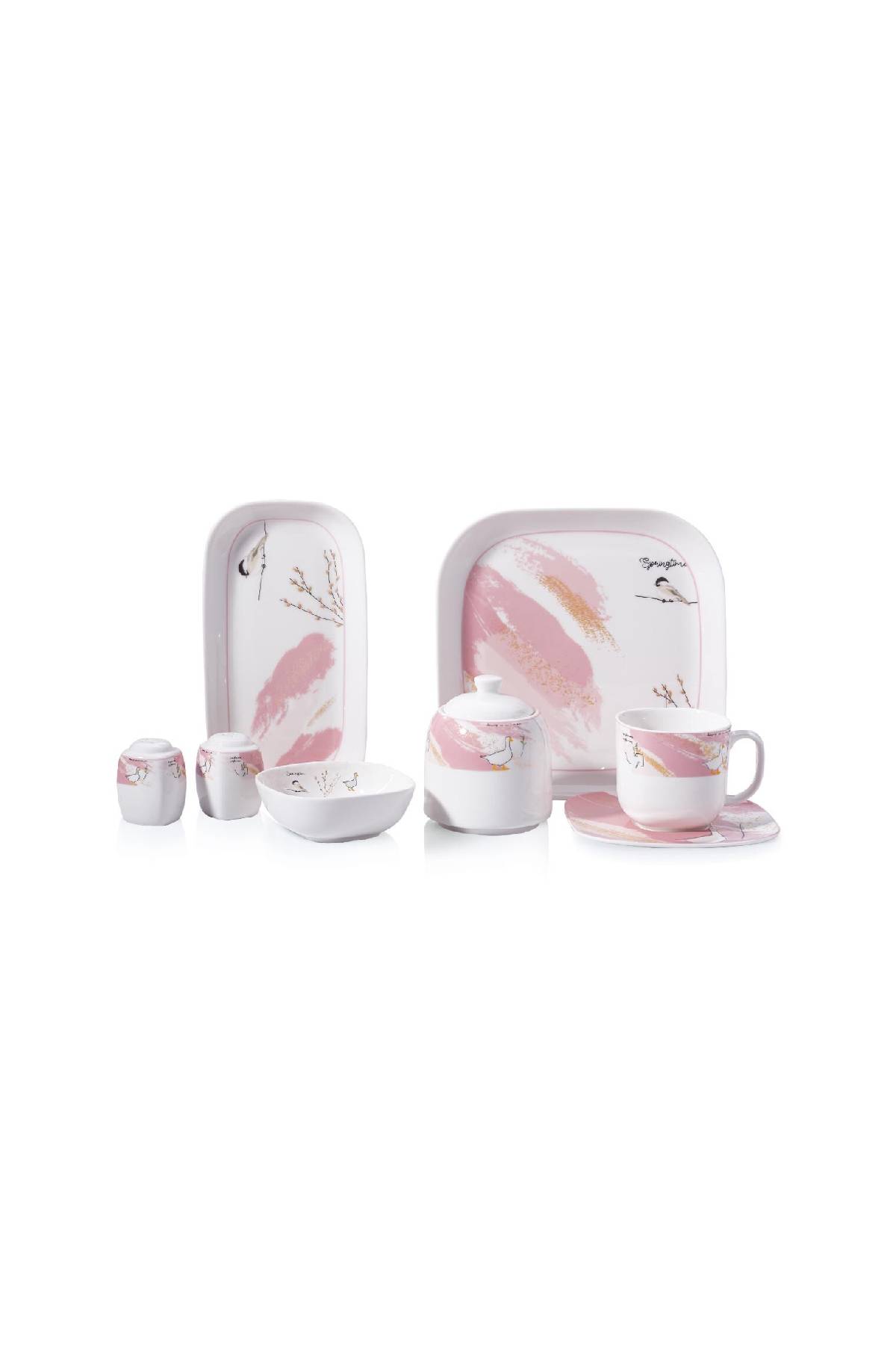 1234567768229 Korkmaz A8580 Kappa Collection 28 Parça Kahvaltı Takımı - 6 Kişilik, Kare Formlu Porselen, Pembe Fırça Darbesi ve Kuş Desenli Şık Sunum Seti - Görsel 1
