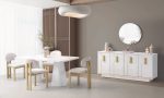 Ada Yemek Odası Takımı - Heykelsi Formlu Beyaz Masa, Gold Detaylı Modern Konsol ve Yuvarlak Ayna Seti