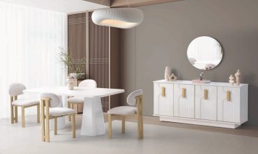 Ada Yemek Odası Takımı - Heykelsi Formlu Beyaz Masa, Gold Detaylı Modern Konsol ve Yuvarlak Ayna Seti