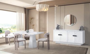 Asya Yemek Odası Takımı - Modern Heykelsi Formlu Masa, Siyah Kulp Detaylı Beyaz Konsol ve Yuvarlak Ayna Seti