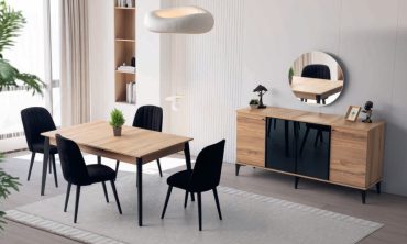 Lizbon Yemek Odası Takımı - Meşe ve Siyah Cam Kombinasyonlu, Fonksiyonel Konsol ve Modern Masa Seti