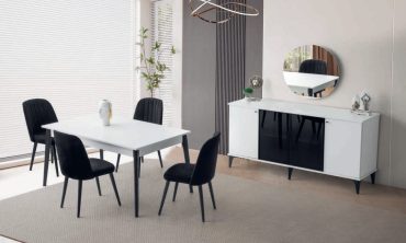 Melinda Yemek Odası Takımı - Parlak Beyaz ve Siyah Cam Kombinasyonlu, Fonksiyonel Konsol ve Modern Masa Seti