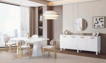 Perge Yemek Odası Takımı - Gold Kulp Detaylı Beyaz Konsol, Heykelsi Formlu Masa ve Yuvarlak Ayna Seti