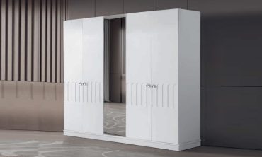 Aris 5 Kapılı Aynalı MDF Gardırop – Beyaz CNC İşlemeli Modern Dolap