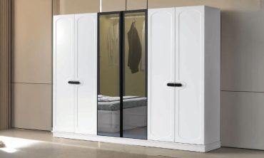 Asya 6 Kapılı Gardırop - Kavisli Panel İşlemeli, Siyah Detaylı, Füme Camlı ve Dahili LED Aydınlatmalı Modern Yatak Odası Dolabı