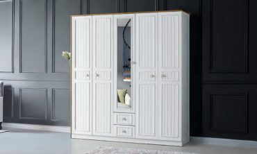 Klas 5 Kapılı Çekmeceli MDF Gardırop – Beyaz Country Aynalı Dolap