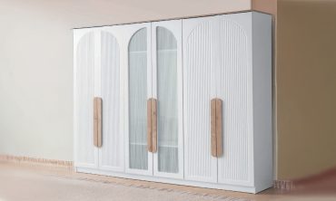 Kumsal 6 Kapılı MDF Gardırop – Beyaz Kemerli ve Ahşap Kulplu Bohem Tasarım