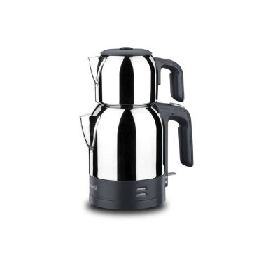 Korkmaz A359 Demkolik Elektrikli Çaydanlık - 1600 Watt, 1.8 Litre Su Isıtıcı ve 0.9 Litre Demlik Kapasiteli, Paslanmaz Çelik Gövdeli İnox ve Siyah Çay Makinesi