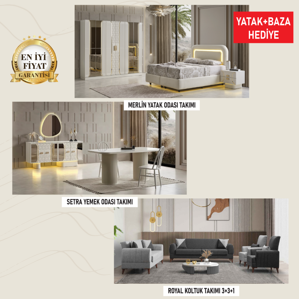 1 ATILIM Merlin & Setra & Royal Full Düğün Paketi - Yatak Odası, Yemek Odası ve 3+3+1 Koltuk Takımı (Yatak + Baza Hediyeli) - Görsel 1