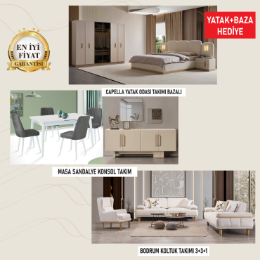 ATILIM Capella & Bodrum Full Düğün Paketi - Bazalı Yatak Odası, Yemek Odası ve 3+3+1 Koltuk Takımı (Yatak + Baza Hediyeli)