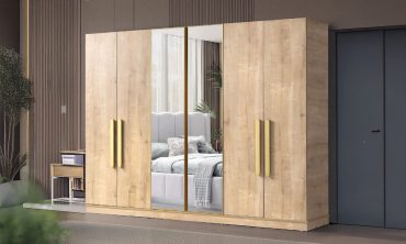 Yakamoz 6 Kapaklı Aynalı Modern Gardırop – Doğal Ahşap Dokulu MDF