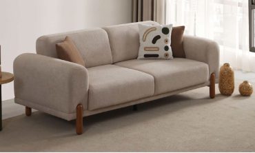 Boiss Modern Buklet Kumaş 3'lü Kanepe - Krem Yataklı Koltuk / Ahşap Ayaklı