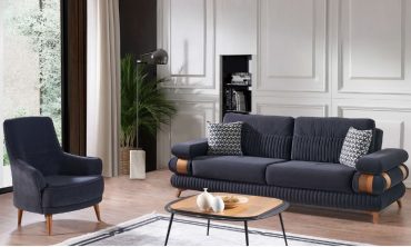 Bologna Modern 3'lü Kanepe - Ahşap Detaylı Dikey Kapitone İşlemeli Antrasit Koltuk