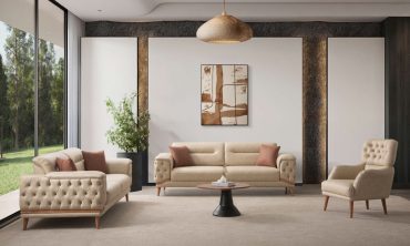 Neon Modern Koltuk Takımı 3+3+1 - Dikey Kapitone İşlemeli / Yüksek Ahşap Ayaklı