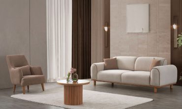 Pamir Modern Buklet Kumaş 3'lü Kanepe - Ekru ve Vizon Detaylı Ahşap