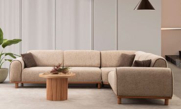 Pamir Modern Köşe Takımı - Dokulu Kumaş Vizon L Koltuk / Ahşap Kaideli