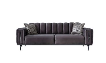 Piazza Modern 3'lü Kanepe - Dikey Kapitone İşlemeli Antrasit Kadife Dokulu Koltuk