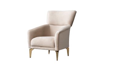 Piazza Modern Lüks Berjer - Krem Kadife Dokulu Tekli Koltuk / Gold Metal Ayaklı